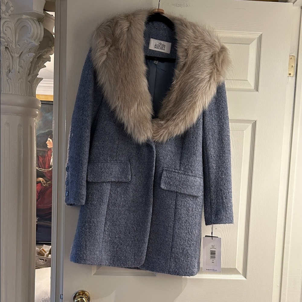 Badgley Mischka Blue Pea Coat with Fur Collar